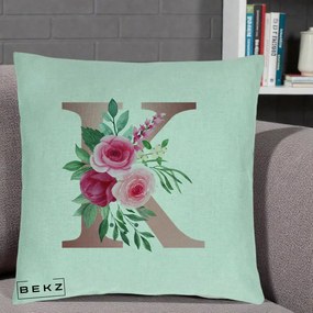 Cadou Personalizat - Perna Personalizata Monograma Rose Gold Litera K, 40x40 cm, Verde Menta, Husa Detasabila, Perna Inclusa, BEKZ®