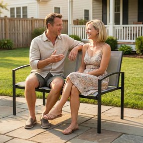 Outsunny bancă de grădină din metal, 2 locuri, material respirabil Texteline, culoare gri. | Aosom Romania