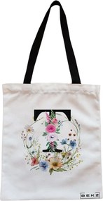 Sacosa de Panza pentru Cumparaturi, Geanta Tote, Cu litera T in Coronita Florala, Cu fermoar, 38x34.5 cm, Alba, BEKZ®