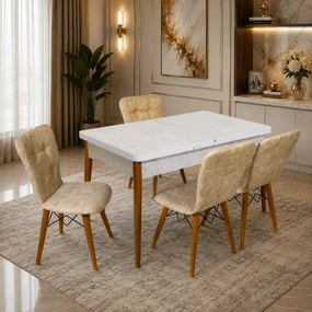 Set masa extensibila cu 4 scaune tapitate Homs cristal alb-bej 110 x 70 cm