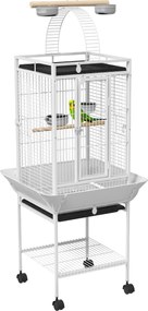 PawHut Colivie pentru păsări, volieră pe roți cu suport, tavă glisantă, bară de lemn pentru odihnă, 62,5x62,5x156cm, alb | Aosom Romania