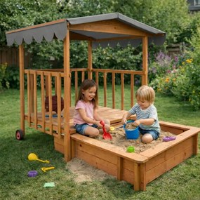 Zonă cu nisip și verandă HAPPY, 130 x 130 x 143 cm, din masiv de pin, maro gri Jurhan