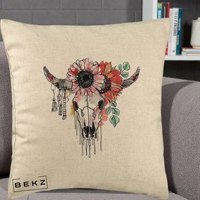 Perna Decorativa Craniu Boho Floral, 40x40 cm, Bej, Husa Detasabila, Perna Inclusa, BEKZ®
