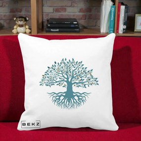 Perna Decorativa Copacul Vietii Teal cu Radacini, 40x40 cm, Alba Mata, Husa Detasabila, Perna Inclusa, BEKZ®
