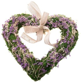 Inima de mușchi suspendată cu flori uscate, violet, 25 x 3,5 cm