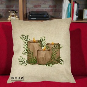 Perna Decorativa Lumanari Rustice cu Crengute Brad, 40x40 cm, Crem, Husa Detasabila, Perna Inclusa, BEKZ®