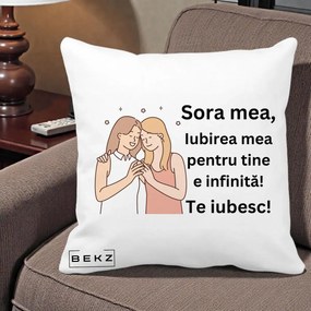 Cadou pentru Sora - Perna Personalizata Sora Mea Te Iubesc Imbratisare cu Sclipiri, 40x40 cm, Alba Mata, Husa Detasabila, Perna Inclusa, BEKZ®