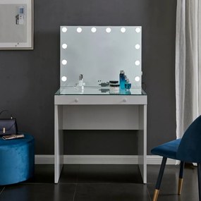 Set NIVA – Masă de Toaletă pentru Machiaj, Oglindă iluminată LED, Control Touch, trei tipuri culoare, Incarcare USB, Sertar, Alb