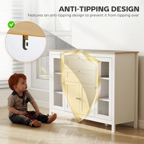 HOMCOM Comodă de Bucătărie, Mobilier de Bucătărie cu 2 Sertare, 3 Dulapuri, Blat de Lucru din Caucciuc, Bufet cu Uși din Sticlă, Rafturi Ajustabile, pentru Sufragerie, 120x40x90cm, Alb | Aosom Romania