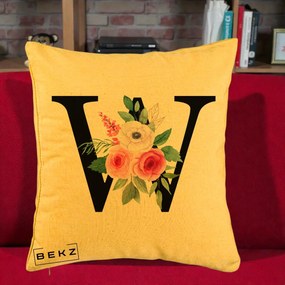 Cadou Personalizat - Perna Personalizata Monograma Florala Litera W cu Trandafiri si Anemona, 40x40 cm, Galben, Husa Detasabila, Perna Inclusa, BEKZ®