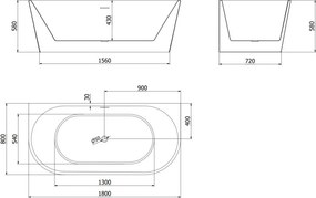 Mexen Oval cadă independentă pe perete 180 x 80 cm, albă, preaplin negru - 52671808000-70