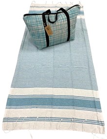 Set elegant geanta de plaja + prosop HAMAM 75 x 150 cm, turcoaz