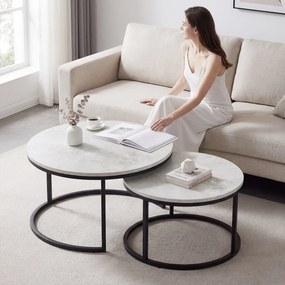 HOMCOM Set 2 Masute de Cafea care se Suprapun, Masute pentru Salon Rotunde din Metal si MDF Efect Marmura, Gri si Negru