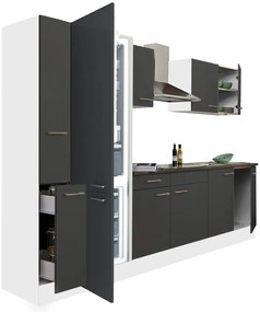 Mobilă de bucătărie Yorki 300, corp alb, față antracit satinat, frigider cu congelator jos