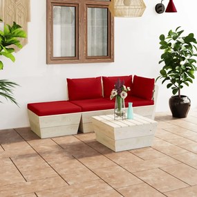 Set mobilier gradina din paleti cu perne, 4 piese, lemn molid Rosu, colt + mijloc + suport pentru picioare + masa, 1
