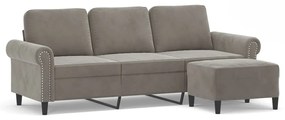 3153633 vidaXL Canapea cu 3 locuri și taburet, gri deschis, 180 cm, catifea