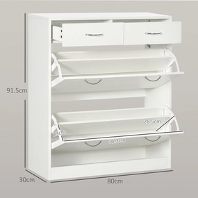 HOMCOM Etajeră pentru Pantofi, 12 Perechi, cu 2 Rafturi Interioare Reglabile și 2 Sertare, din Lemn, 80x30x91.5 cm, Alb | Aosom Romania