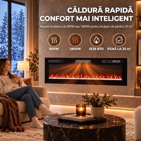 HOMCOM Șemineu electric 153 cm, încastrabil/de perete/de podea, ultrasubțire 8,3 cm, cu telecomandă, 900/1800 W, timer, negru | Aosom Romania