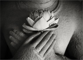 Tablou pe sticlă - Lotus în mâinile lui Buddha (70x50 cm)
