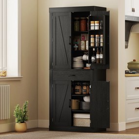 HOMCOM Dulap cămară de bucătărie în stil country, cu 2 dulapuri, 6 rafturi și sertar, din lemn, 76 x 39,5 x 183,5 cm, negru | Aosom Romania