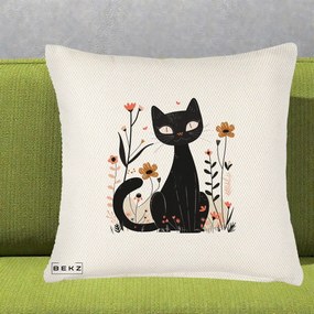 Perna Decorativa Pisica Neagra Flori Pastel Folk, 40x40 cm, Crem Reliefat, Husa Detasabila, Perna Inclusa, BEKZ®