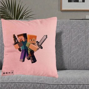 Perna Personalizata Minecraft Steve si Alex, 40x40 cm, Roz, Husa Detasabila, Perna Inclusa, BEKZ®