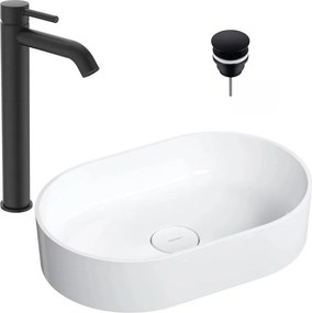 Pachet lavoar pe blat Omnires Ovo M+ alb 55 cm, baterie lavoar Ideal Standard Ceraline negru si ventil lavoar Click-Clack negru