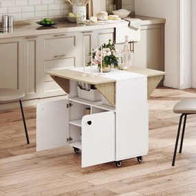 HOMCOM Masă de sufragerie pliabilă pe roți, masă de bucătărie 4 persoane, 2 blaturi rabatabile, etajeră, dulap, 70x83x75cm, alb | Aosom Romania