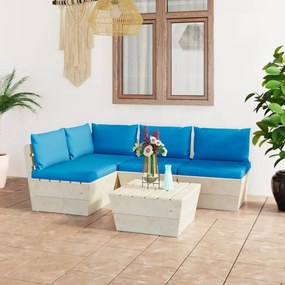 Set mobilier gradina din paleti cu perne, 5 piese, lemn molid Albastru deschis, colt + 3x mijloc + masa, 1