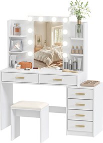 HOMCOM Masă de machiaj cu oglindă iluminată și taburet tapițat, set de machiaj cu 6 sertare și rafturi, Alb | Aosom Romania