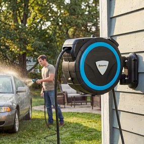 Outsunny Derulator Furtun Udare Montat pe Perete 14+1,5 m cu Blocare și Adaptoare, Rotativ 180°, 12 Moduri, 49x15x37cm, Albastru | Aosom Romania