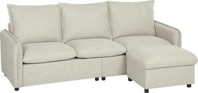 HOMCOM Canapea 3 locuri cu pouf de depozitare, canapea colțar modulară 212 cm, perne cu arcuri, țesătură din in, crem | Aosom Romania