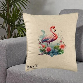 Perna Decorativa Flamingo cu Flori Tropicale Acuarela, 40x40 cm, Bej, Husa Detasabila, Perna Inclusa, BEKZ®