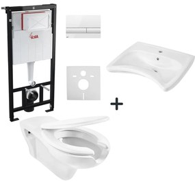 Set vas wc suspendat cu capac soft close, lavoar baie pentru persoane cu dizabilitati si rezervor wc cu clapeta alba