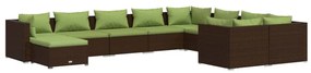 Set mobilier de gradina cu perne, 10 piese, maro, poliratan maro si verde, 4x colt + 5x mijloc + suport pentru picioare, 1