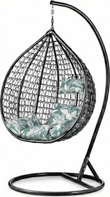 Scaun negru suspendat KOKON cu suport, perna verde-alb