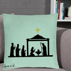 Perna Decorativa Nasterea Pruncului Silueta Neagra si Stea Aurie, 40x40 cm, Verde Menta, Husa Detasabila, Perna Inclusa, BEKZ®