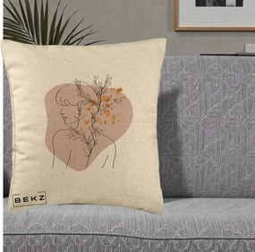 Perna Decorativa Femeie cu Flori Line Art Boho, 40x40 cm, Bej, Husa Detasabila, Perna Inclusa, BEKZ®