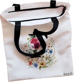 Sacosa de Panza pentru Cumparaturi, Geanta Tote, Cu litera F in Coronita Florala, Cu fermoar, 38x34.5 cm, Alba, BEKZ®