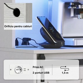 HOMCOM Servantă de Bucătărie Rustică 180 cm, Dulap cu Priză de Alimentare, Lumini LED, Suport pentru Sticle, Suprafață pentru Cuptor cu Microunde, Rafturi Deschise, Uși Glisante, Orificiu pentru Cabluri, Alb | Aosom Romania