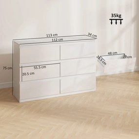 HOMCOM Comodă cu 6 Sertare din PAL, pentru Dormitor, Design Modern și Multifuncțional, 112x34x75 cm, Alb | Aosom Romania
