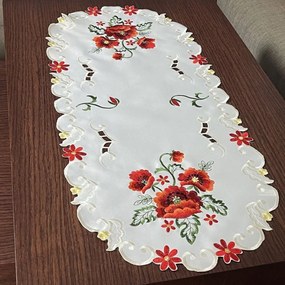 Traversa pentru masa centrală cu broderie frumoasă de maci în culoarea crem Lățime: 40 cm | Lungime: 160 cm