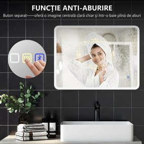 HOMCOM Oglindă LED pentru Baie cu Bluetooth, Iluminare Reglabilă și Funcție de Memorare, din Sticlă Securizată, 80x60x3,5 cm | Aosom Romania