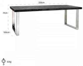 Masa dreptunghiulara cu blat din lemn de stejar Blackbone 77 x 220 x 100 cm gri inchis/argintiu