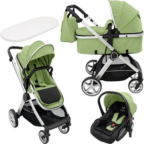 Carucior copii 3 in 1 Kidizi Moveo verde, landou transformabil in parte sport, scoica auto R129, cadru silver, pana la 22 kg (0–4 ani), saltea si geanta incluse