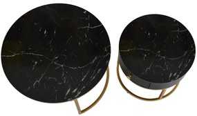 Set de 2 Măsuțe de Cafea Moderne Suprapuse cu Efect de Marmură Lucioasă, Structură din Metal, 70x70x48 cm și 50x50x43,5 cm, Negru