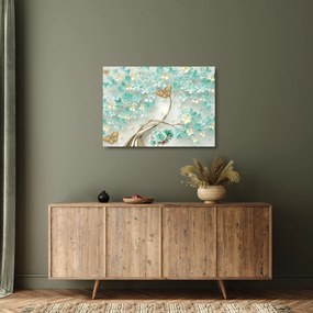 Tablou pe sticlă cu flori și fluturi (70x50 cm)