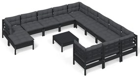 3097077 vidaXL Set mobilier grădină cu perne, 13 piese, negru, lemn de pin