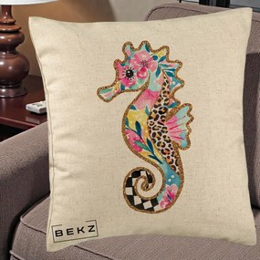 Perna Decorativa Calut de Mare Glitter Tropical, 40x40 cm, Bej, Husa Detasabila, Perna Inclusa, BEKZ®