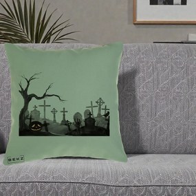 Perna Decorativa Halloween Cimitir Acuarela cu Dovleac, 40x40 cm, Verde, Husa Detasabila, Perna Inclusa, BEKZ®